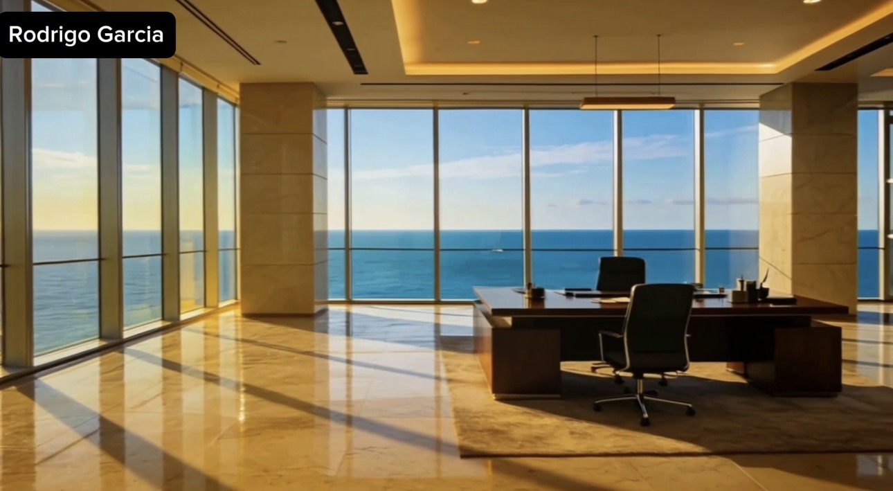 Escritório panorâmico com vista para o mar